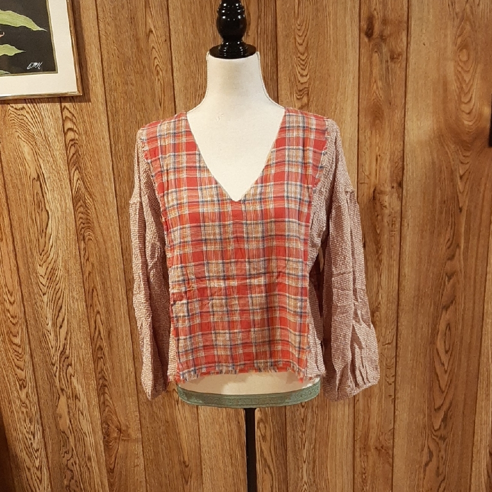 🥀🍋NWT/NWOT Promesa V-Neck Plaid Frayed Blouse (S)🥀
